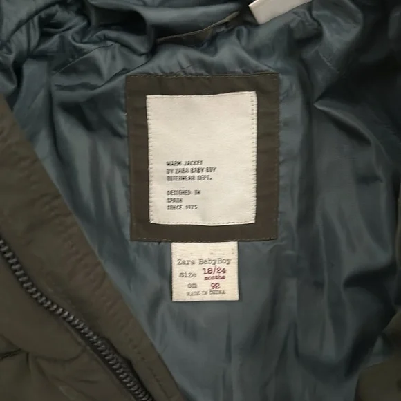 Zara Baby Kids “Wait I Wanna Play” Olive Green Puffer Winter Jacket 2T